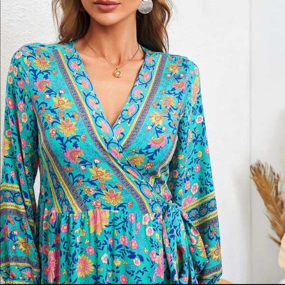 Boho Gypsy Floral Paisley Print Ruffle WRAP Maxi Dress - Picture 6 of 9